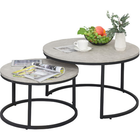 Lot de 2 tables basses rondes gigogne empilables plateau MDF gris et pieds en métal noir - Gris