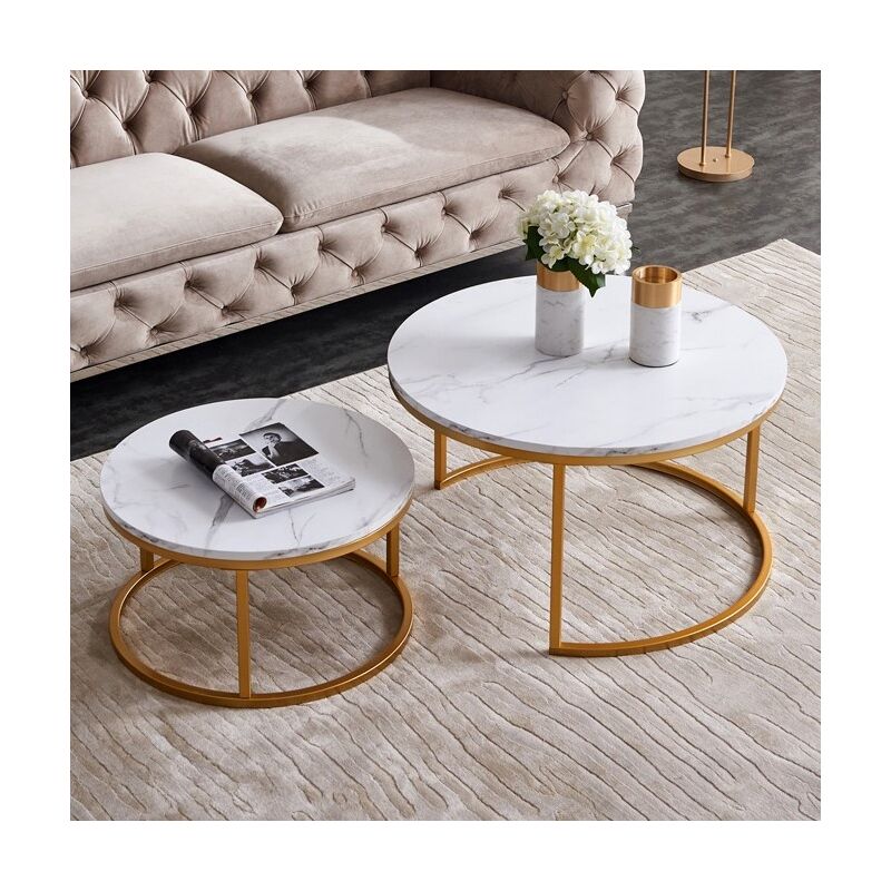 Eifson - Lot de 2 Ronde Table basse gigogne , structure métal , motif marbré, 80x80x45 cm, 60x60x35 cm - Blanc + Doré