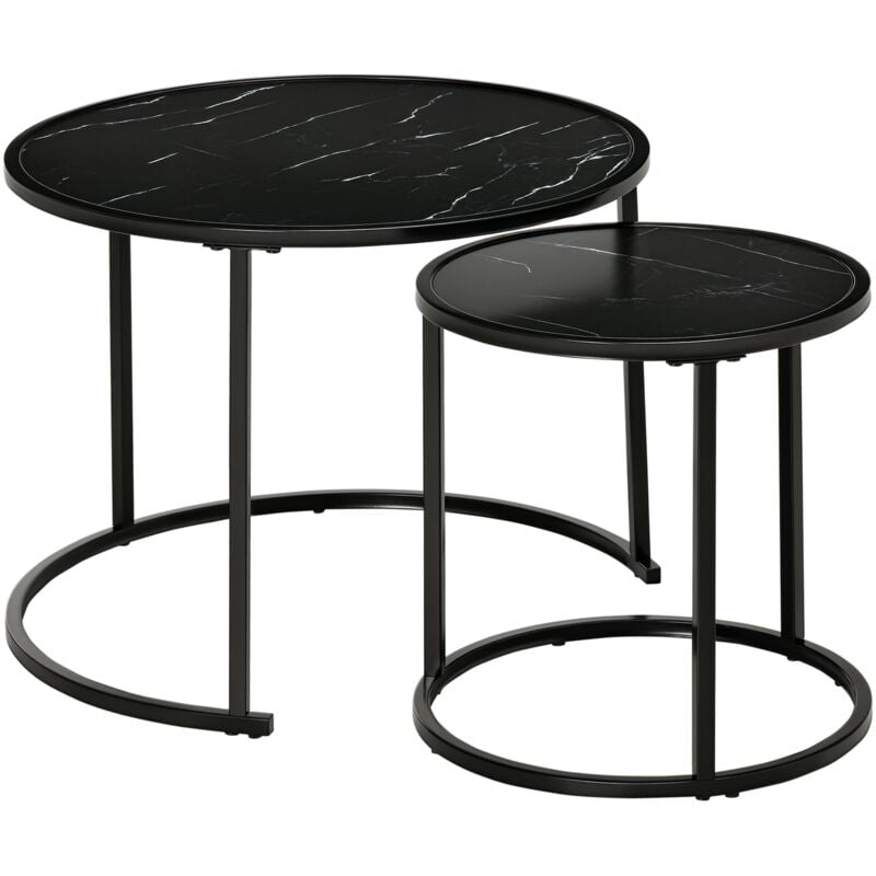 Homcom - Lot de 2 tables basses rondes gigognes empilables métal noir aspect marbre noir