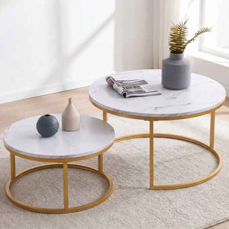 Lot de 2 tables basses rondes, plateau effet marbre blanc, structure métal doré, 80x45 cm et 60x33 cm, design moderne, pour salon