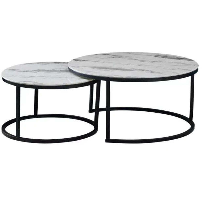 Lot de 2 tables basses Gigogne ARTO métal noir et plateau verre effet marbré noir