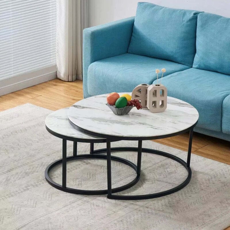 Homy France - Lot de 2 tables basses Gigogne arto métal noir et plateau blanc Ultra
