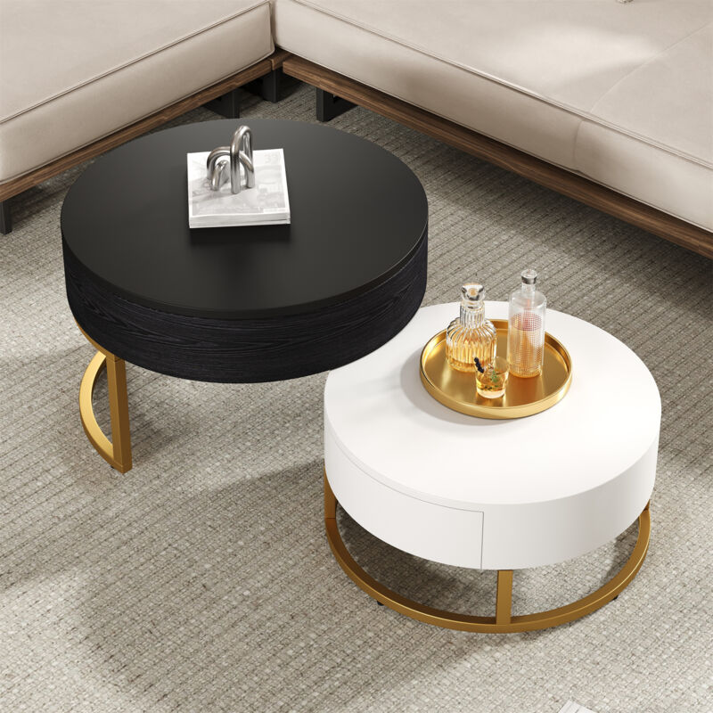 Wishdor - Lot de 2 tables basses rondes relevables avec 2 tiroirs, blanc et noir