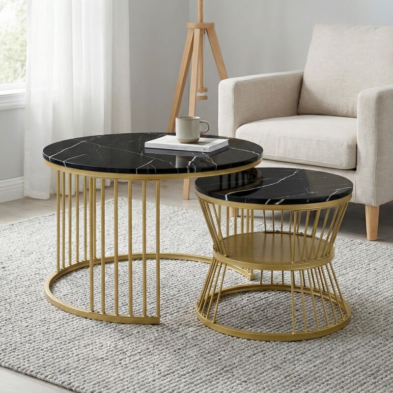 Lot de 2 Tables Basses Rondes, Tables Gigognes 70/45cm, Bout de Canapé avec Rangement, Effet Marbre et Métal, Style Moderne Chic, Noir