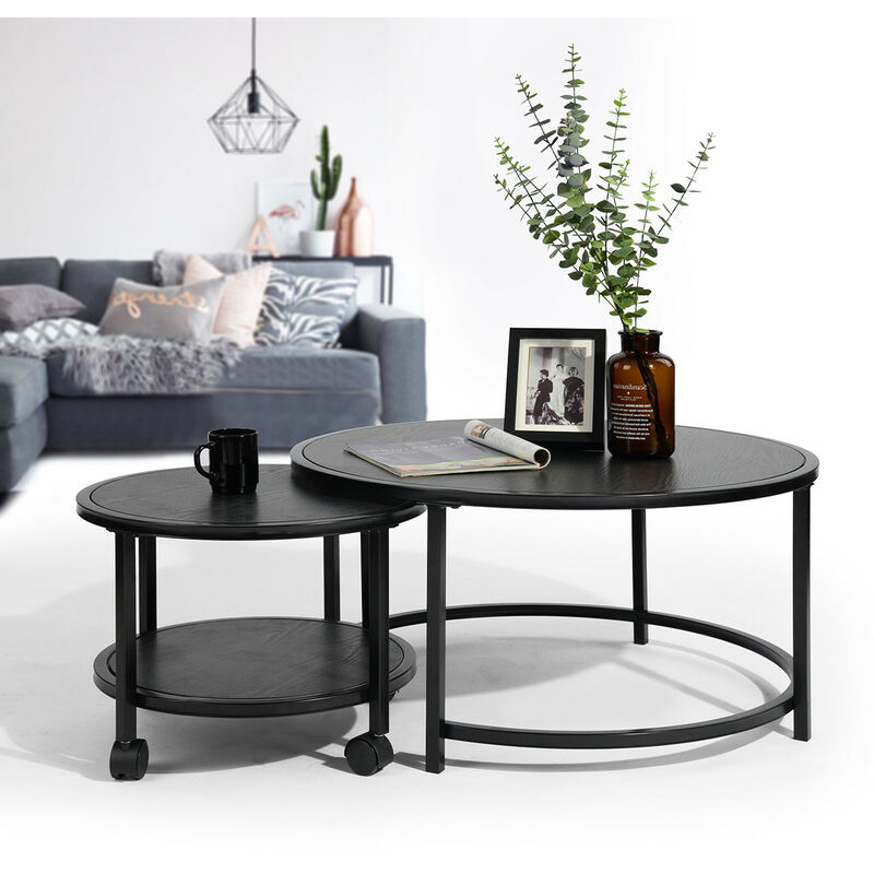 Lot de 2 tables basses scandinaves avec surface en bois massif et structure en métal noir, avec 4 roulettes, ronde.