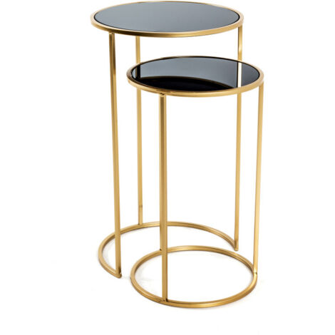 Lot de 2 tables d'appoint 30 et 35 cm en verre noir et métal doré