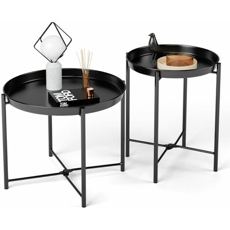 Lot de 2 Tables d'Appoint avec plateau amovible ronde Tables Basses Tables de Salon en métal Design moderne