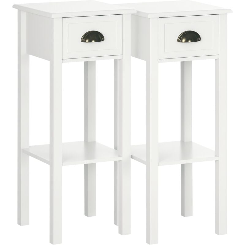 Lot de 2 tables d'appoint bout de canapé guéridon - tiroir, étagère - dim. 30L x 30l x 75H cm - poignées coquilles laiton vieilli MDF blanc