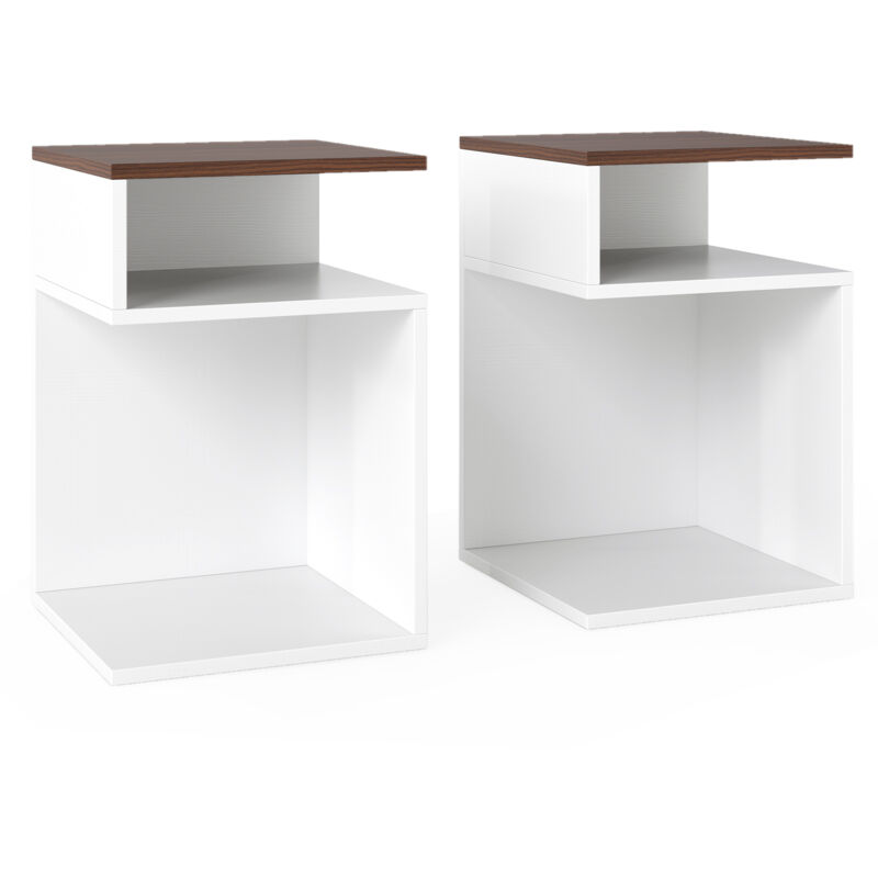 Lot de 2 Tables d'Appoint en Forme S, Bout de Canapé avec 2 Casiers Ouverts, 3 Étagères Design Géométrique Compacte, pour Salon Chambre, Blanc+Noyer