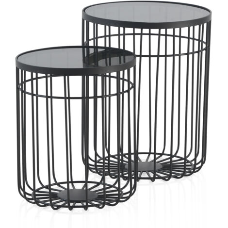 Lot de 2 tables d'appoint en métal avec plateau en verre