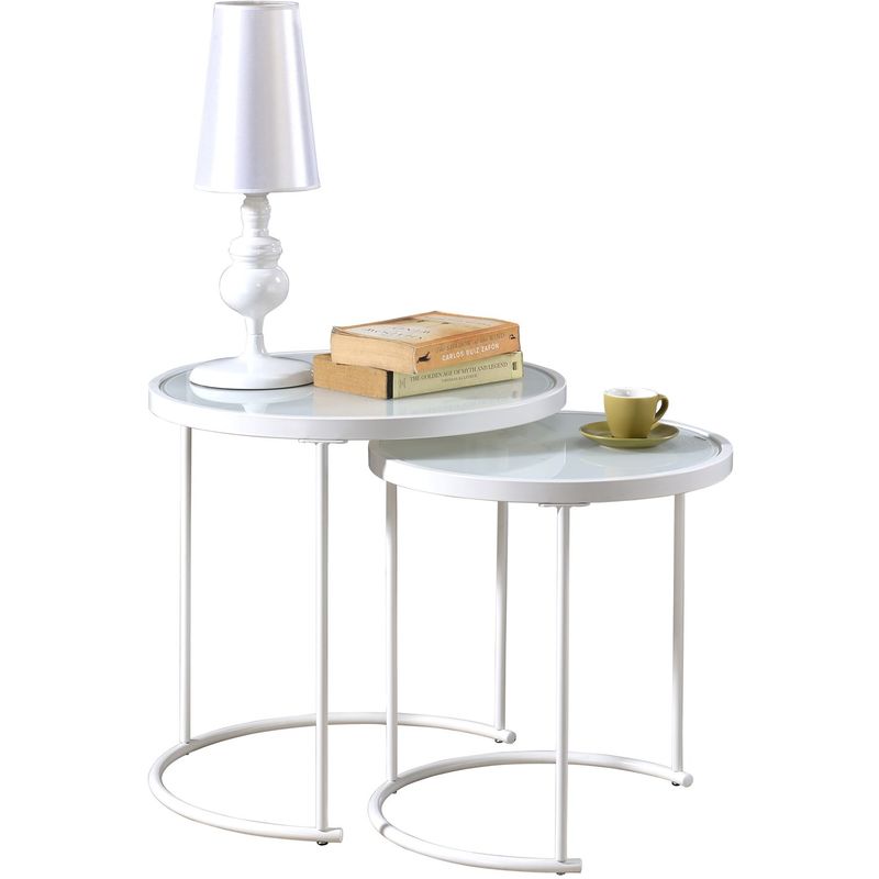 Lot de 2 tables d'appoint LEYRE tables basses gigognes, tables à café design industriel, plateau rond en verre et cadre métal, blanc - Blanc