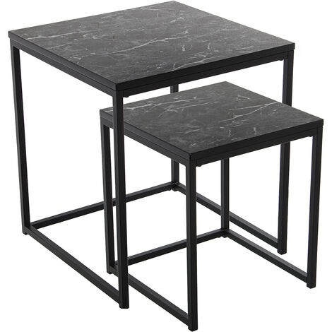 Lot de 2 Tables d'Appoint Métal/Bois Finition Marbre Noir 45X45X50 Cm +35X35X40 Cm