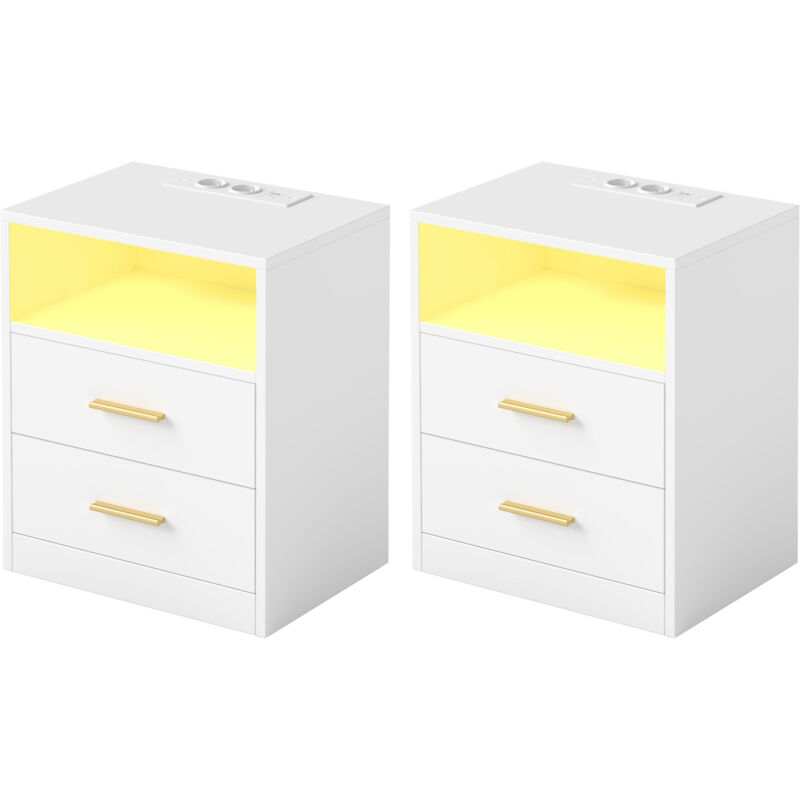 Lot de 2 Tables d’Appoint Modernes avec Tiroirs, Lumières LED, Multiprises et Ports USB, pour Chambre, Blanc
