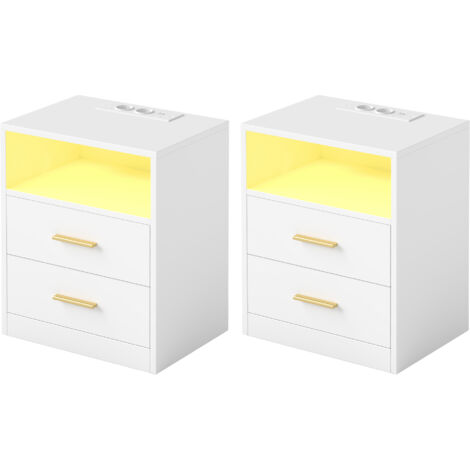 Lot de 2 Tables d’Appoint Modernes avec Tiroirs, Lumières LED, Multiprises et Ports USB, pour Chambre, Blanc