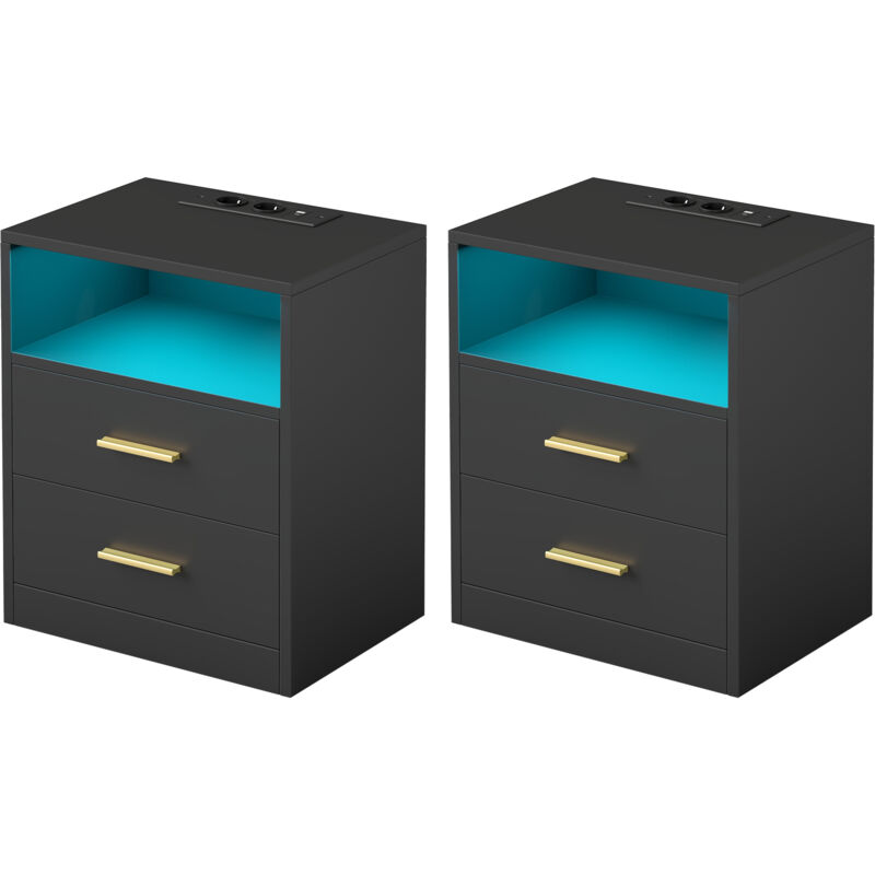 Lot de 2 Tables d’Appoint Modernes avec Tiroirs, Lumières LED, Multiprises et Ports USB, pour Chambre, Noir