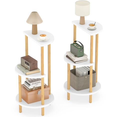 Lot de 2 Tables d'Appoint Ronde, Bout de Canapé en Bambou avec Étagères, 3 Niveaux, Table de Chevet pour Salon, Style Bohème, Naturel Blanc