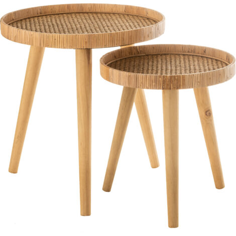 Lot de 2 tables d'appoint rondes 51 et 40 cm en sapin et rotin
