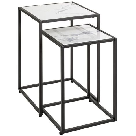 Lot de 2 tables d'appoint surface imitation marbre blanc et structure en métal Noir