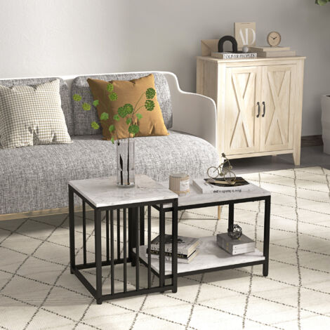 Lot de 2 tables d'appoint tables gigognes tables basses empilables avec plateau aspect bois effet marbre cadre en métal