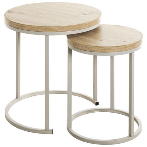 Lot de 2 tables d'appoints en métal coloris blanc et bois coloris chêne clair