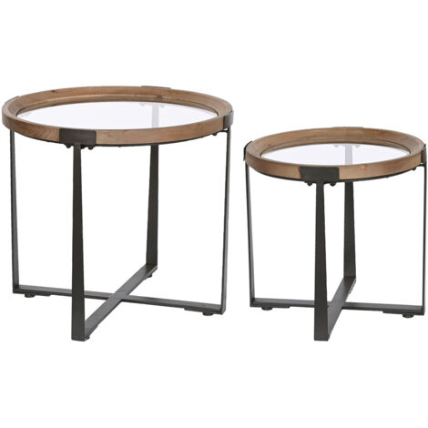 Lot de 2 tables d'appoints rondes en bois de sapin marron et fer noir