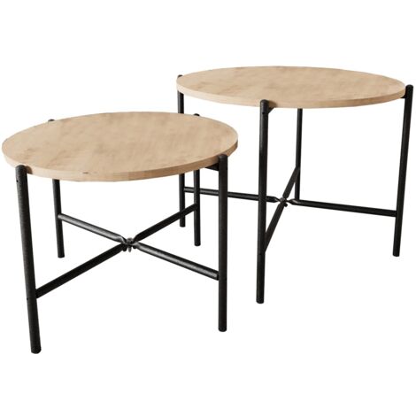 Lot de 2 tables d'appoints rondes en bois et métal coloris chêne cambrian, noir