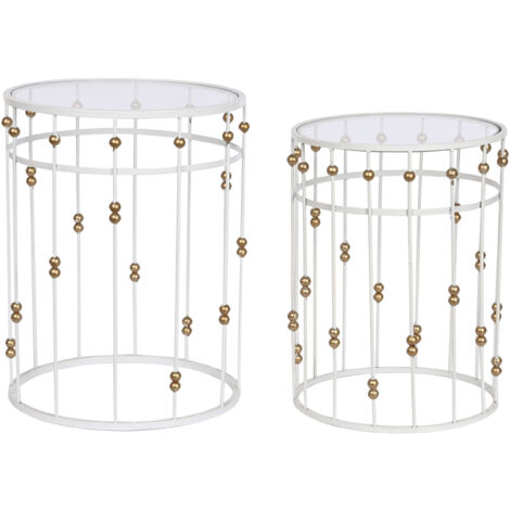 Lot de 2 tables d'appoints rondes en métal blanc et verre