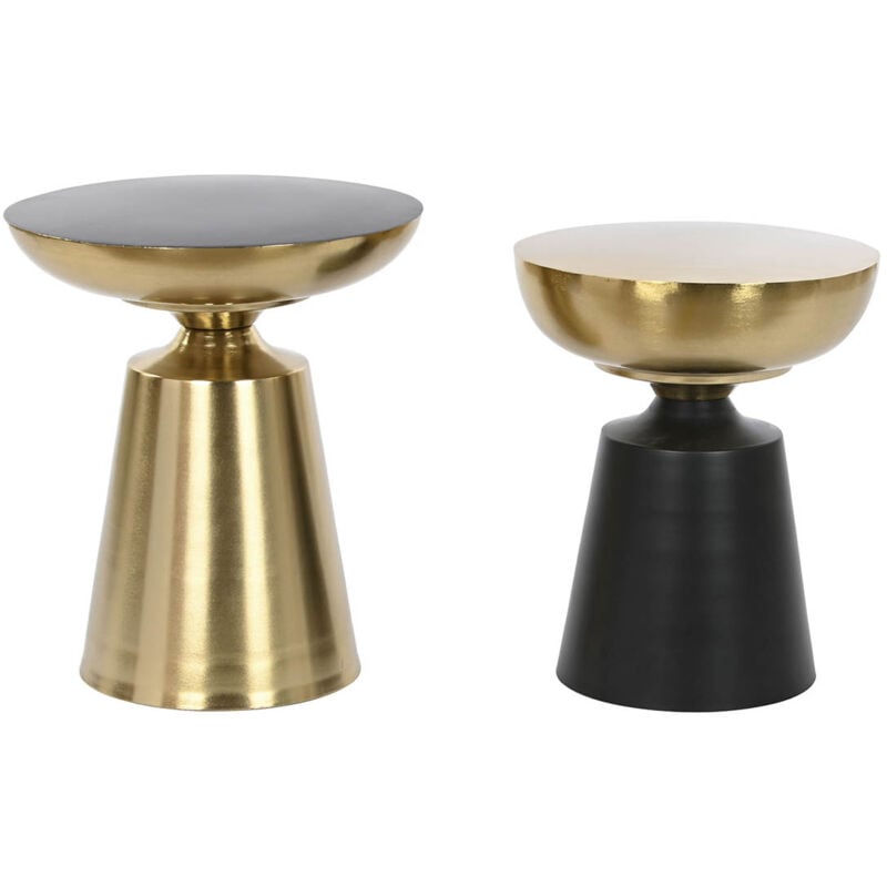 Pegane - Lot de 2 tables d'appoints rondes en métal coloris doré, noir