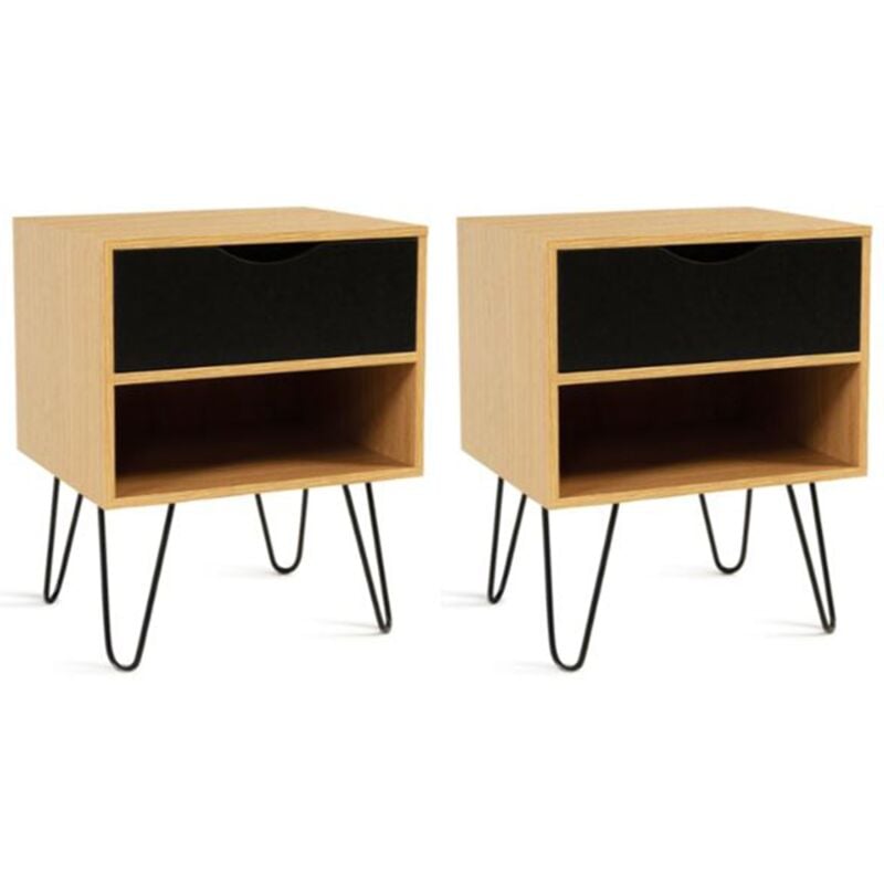 Lot de 2 tables de chevet noemi 1 tiroir avec niche bois pied épingle