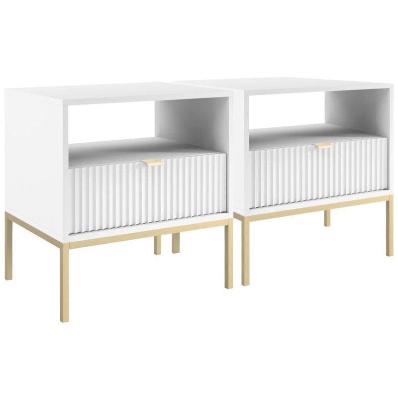 Lot de 2 tables de chevet 1 tiroir et 1 niche - Blanc et doré - liouba de Pascal Morabito