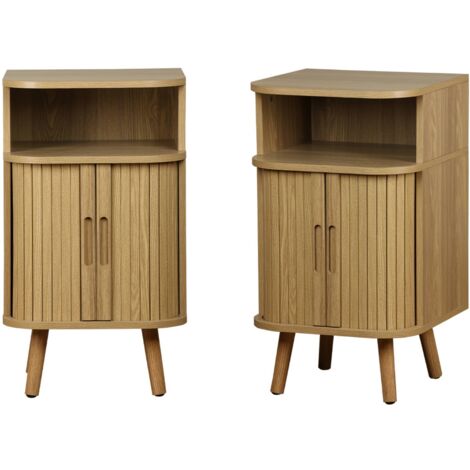 Lot de 2 tables de chevet 2 portes coulissantes + 1 niche effet bois rainuré. L 40 x P 40 x H 70cm