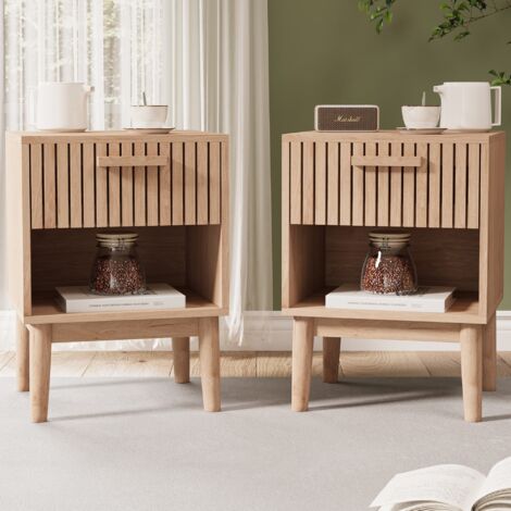Lot de 2 tables de chevet 40x35x55 cm - avec un tiroir - cloisons ouvertes - design de planche à vaguesen bois - convient pour salon et chambre - Coloris bois massif