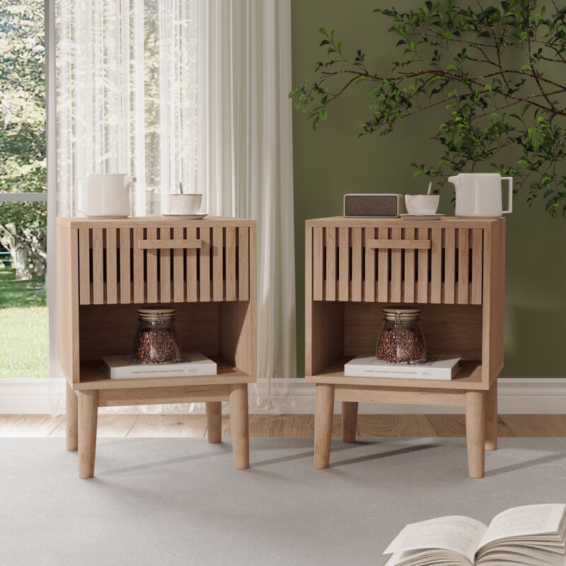 Lot de 2 Tables de Chevet - 40x35x55cm - avec Tiroir Ondulé et Niche Ouverte - Pieds en Bois Massif - en Bois Clair