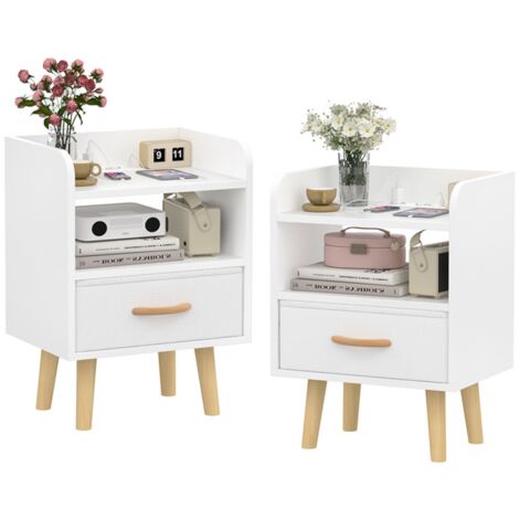 Lot de 2 tables de chevet à 2 niveaux avec tiroirs et prises pour chambre à coucher salon 40x30x64cm Blanc
