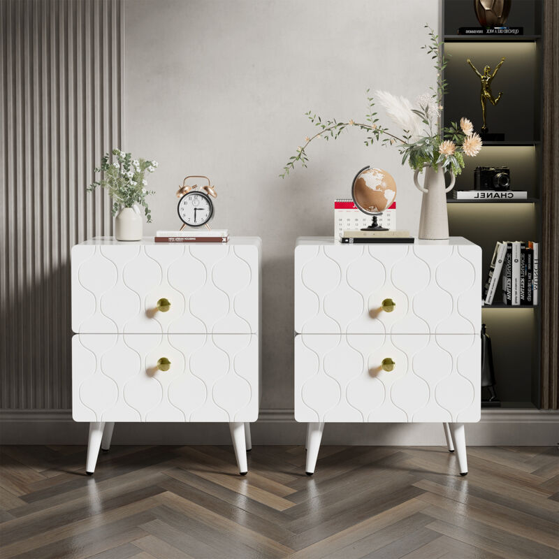 Lot de 2 Tables de chevet à motif ondulé - avec poignées dorées et 2 tiroirs - façades laquées - Blanc