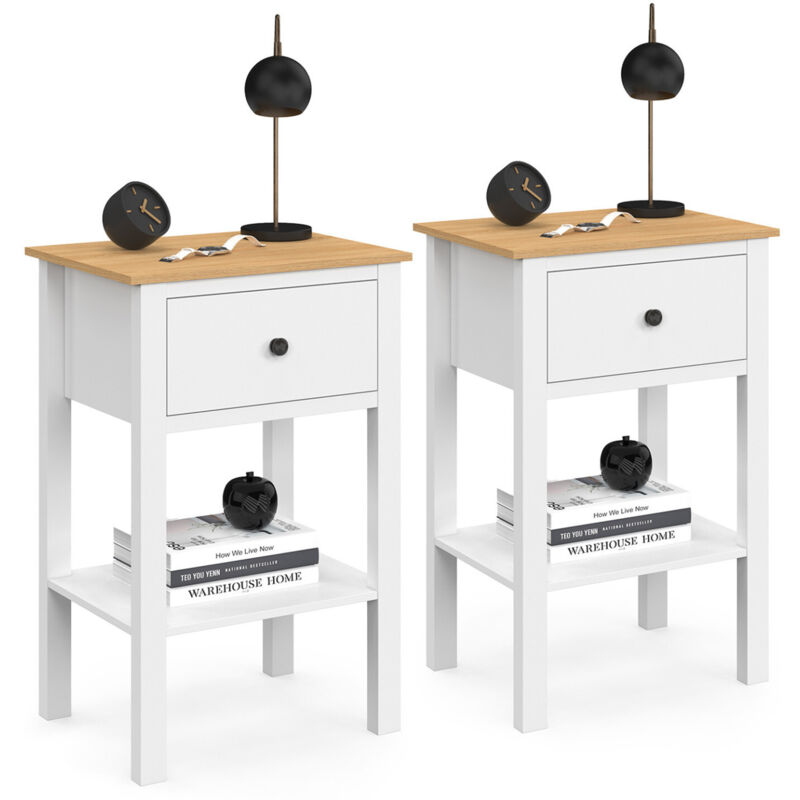 Lot de 2 tables de chevet 1 tiroir et 1 tablette blanc et plateau bois