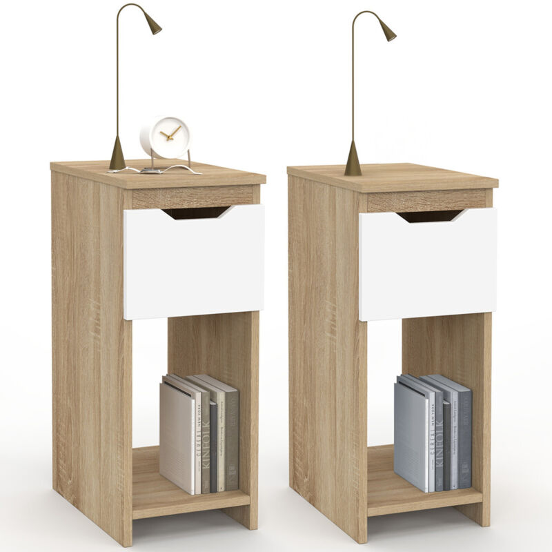 Lot de 2 tables de chevet étroites ANOUK 1 tiroir avec niche bois façon hêtre et blanc