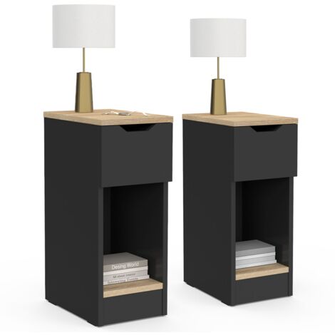 Lot de 2 tables de chevet ANOUK 1 tiroir avec niche noir et bois