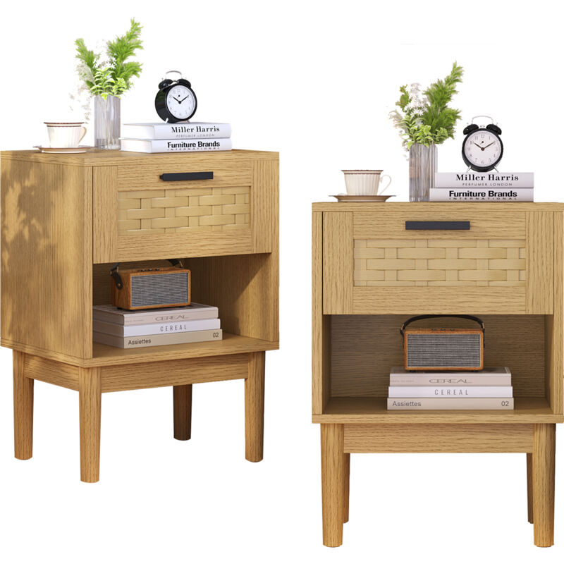 Lot de 2 tables de chevet, avec 1 tiroir en rotin, 40X30X55cm, table de chevet rotin style scandinave moderne, bois nature
