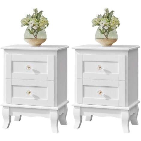Table de Chevet, Lot de 2, Table de Nuit, avec 2 Tiroirs, Pieds en Bois de Pin, Espace de Rangement, Noir/Blanc