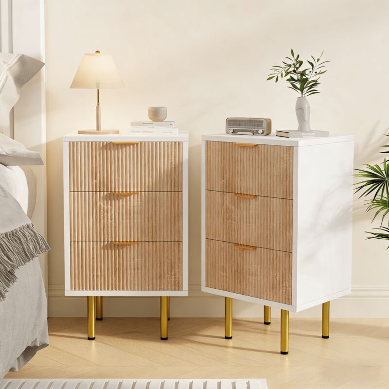 Lot de 2 Tables de Chevet avec 3 tiroirs, meuble de rangement bois avec poignées et pieds dorées, style scandinave, 40x40x65cm, bois naturel