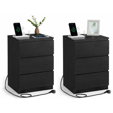 VASAGLE Table de Chevet avec Multiprise, Lot de 2, 3 Tiroirs, 2 Prises CA, 2 Ports USB, Façades de Tiroirs Biseautées, pour Salon, Chambre, Bureau, Moderne, Blanc Nuage