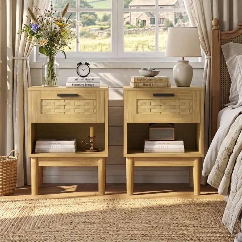 Lot de 2 Tables de Chevet avec Tiroir en Cannage Rotin, Table de Nuit avec Niche Ouverte, Style Maison de Campagne/Bohème, 40x30x55 cm - Naturel