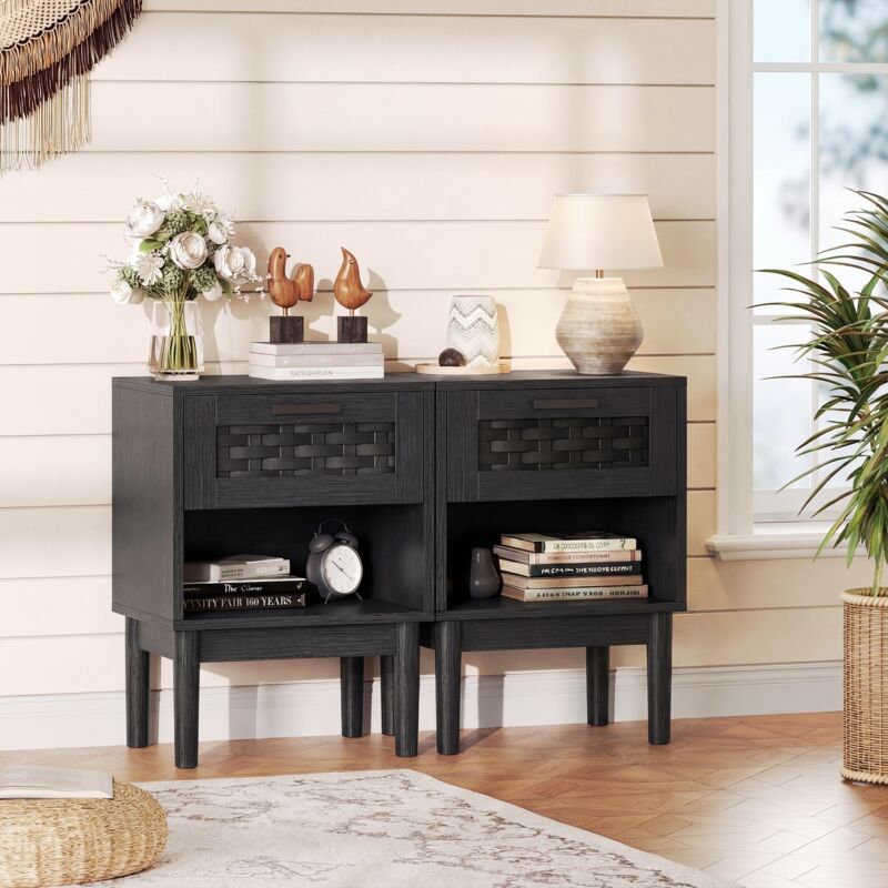 Lot de 2 Tables de Chevet avec Tiroir en Cannage Rotin, Table de Nuit avec Niche Ouverte, Style Maison de Campagne/Bohème, 40x30x55 cm - Noir