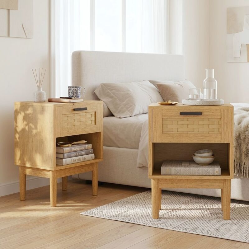 Lot de 2 Tables de Chevet avec Tiroir en Rotin et Niche, Bout de Canapé Table d'Appoint 40x30x55cm pour Chambre Salon - Naturel