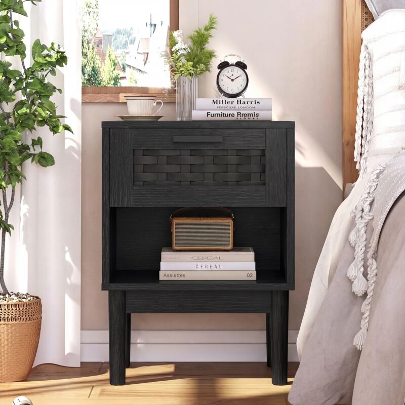 Lot de 2 Tables de Chevet avec Tiroir en Rotin et Niche, Bout de Canapé Table d'Appoint 40x30x55cm pour Chambre Salon - Noir