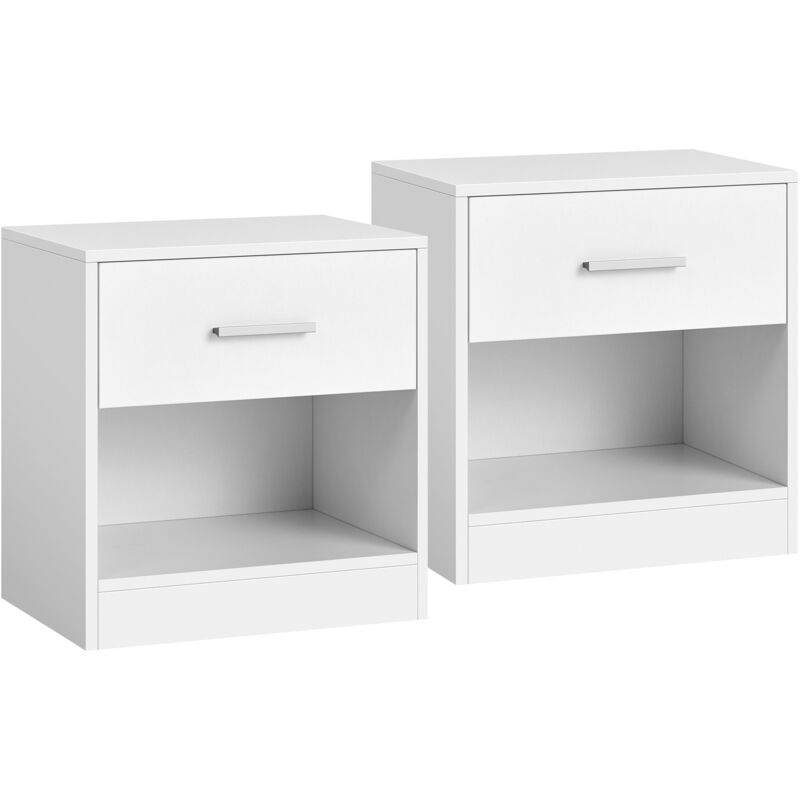 Lot de 2 Tables de Chevet, avec tiroir, poignée, compartiment ouvert, 39 x 28 x 41 cm (L x P x H), table d’appoint, Blanc Classique