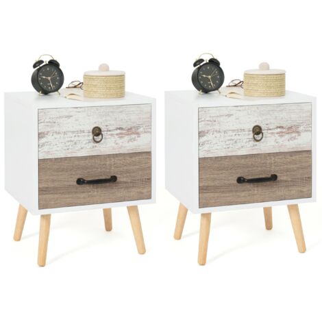 Lot De 2 Tables De Chevet En Rotin AC-Déco - 37x30x56 Cm - Style Naturel Beige