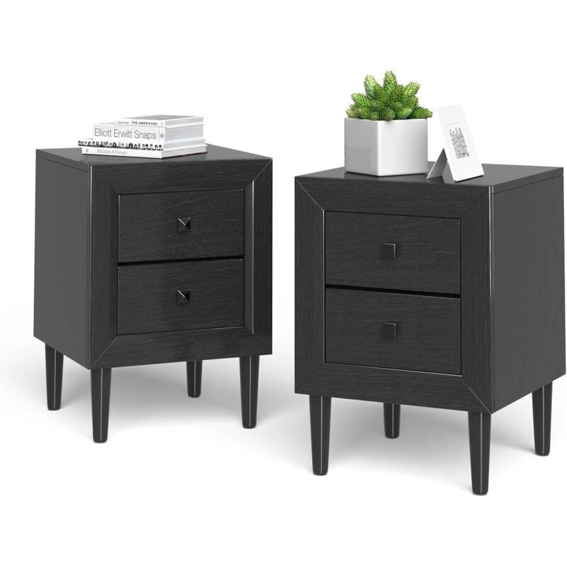 Lot de 2 Tables de Chevet Moderne avec 2 Tiroirs, 40 x 39,5 x 55 cm, avec Pieds en Bois Massif et Poignées, Noir - Costway