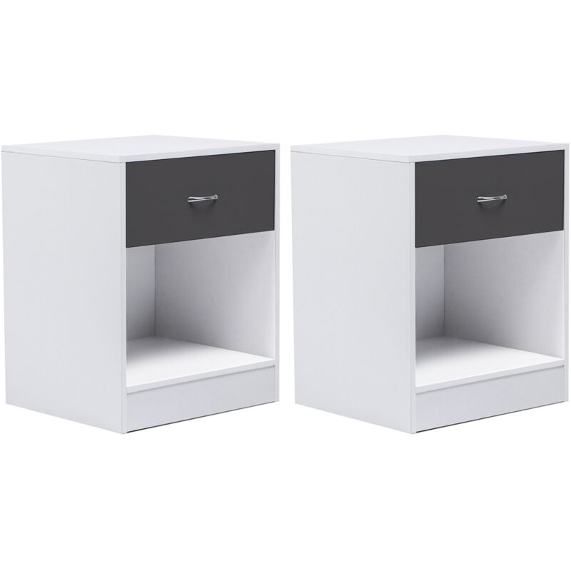 Lot de 2 tables de chevet olga 1 tiroir avec niche bois blanc et tiroir gris